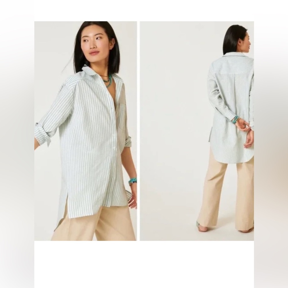 Anthropologie Coastal Grandma Mint & White Striped Button-down Top